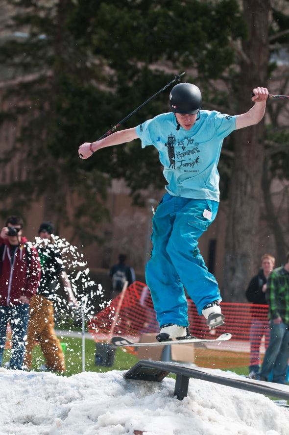 Joe Dillion skis the rails he build for the rail jam on the oval Thursday afternoon. The event was put together by the UM Marketing Club and was sponsored by Vitamin Water.